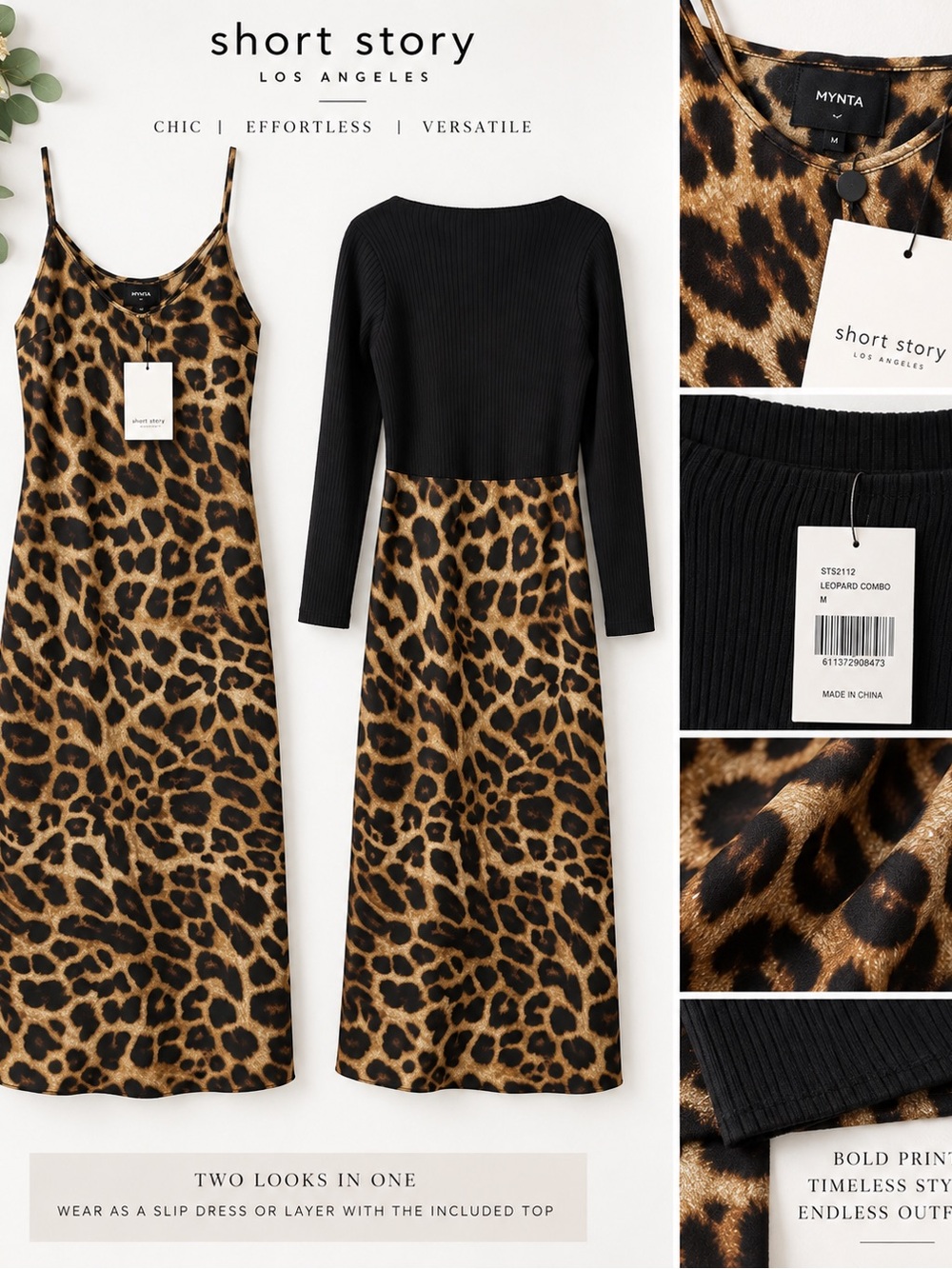 Leopard Print Slip Midi Dress with Black Knit Top NWT LP short story